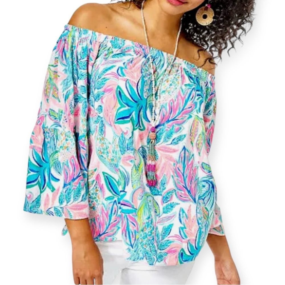 LILLY PULITZER Nevie Top Off Shoulder Bell Sleeve White Toucan Do It Better NWOT